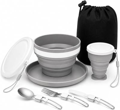Famanu – 6-in-1 opvouwbare camping eetset, inclusief roestvrijstalen mes, lepel, vork, mok, kom en bord, ideaal voor outdoor activiteiten