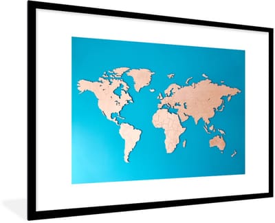 Poster in lijst - Fotolijst 120x80 cm - Posters - Wereldkaart - Houtkleur - Blauw - Posterlijst zwart - Decoratie - Wanddecoratie woonkamer - Muurdecoratie slaapkamer
