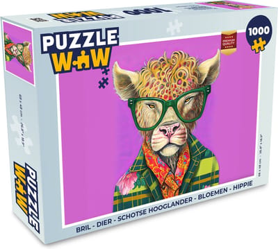 Puzzel Bril - Dier - Schotse hooglander - Bloemen - Hippie - Legpuzzel - Puzzel 1000 stukjes volwassenen