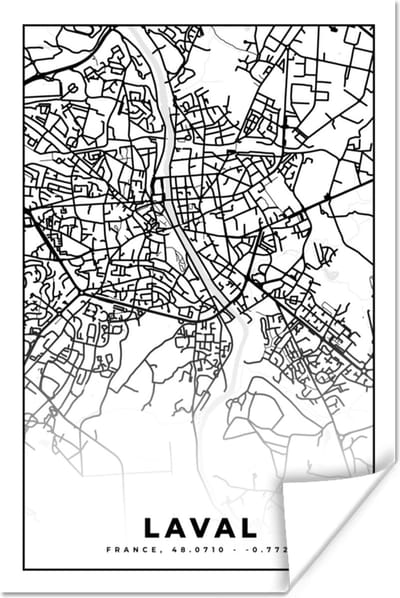 Poster Kaart - Plattegrond - Laval - Frankrijk - Stadskaart - Zwart wit - 120x180 cm XXL