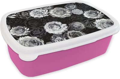 Broodtrommel Roze - Lunchbox - Brooddoos - Rozen - Zwart Wit - Patronen - 18x12x6 cm - Kinderen - Meisje