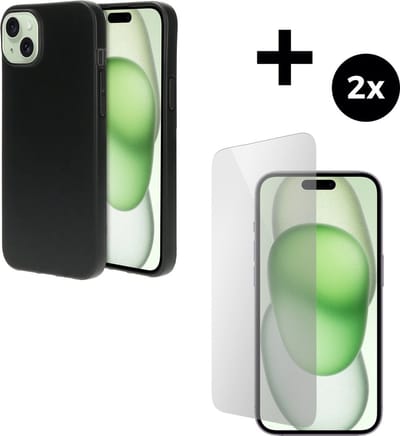 Mobiparts Classic TPU hoesje geschikt voor Apple iPhone 15 Plus met 2 Screenprotectors van Gehard Glas - Zwart