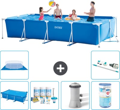 Intex Rechthoekig Frame Zwembad - 450 x 220 x 84 cm - Blauw - Inclusief Solarzeil - Onderhoudspakket - Zwembadfilterpomp - Filter - Grondzeil - Stofzuiger - 7-delig