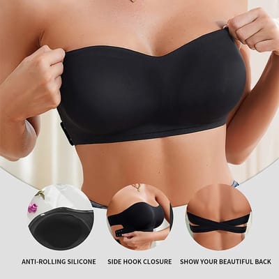 Naadloze strapless plakbeha dames – front sluiting, zonder padding, antislip bandeau top & comfortabele tube top - Zwart - Maat XL