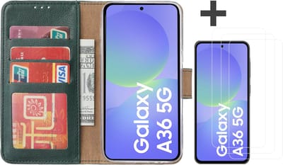 Hoesje met 3 Stuks Screenprotectors Geschikt voor Samsung Galaxy A36 – Arara bookcase met pasjeshouder - Groen