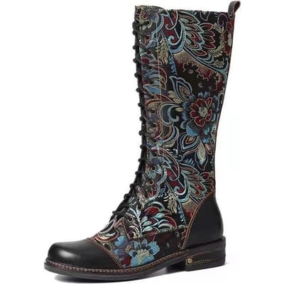 Mode Dames Kniehoge Laarzen Zacht Microvezel Leer Print Dames Schoenen Retro Stijl Platform Lage Hak Dames Ridder Lange Laarzen 42 zwart