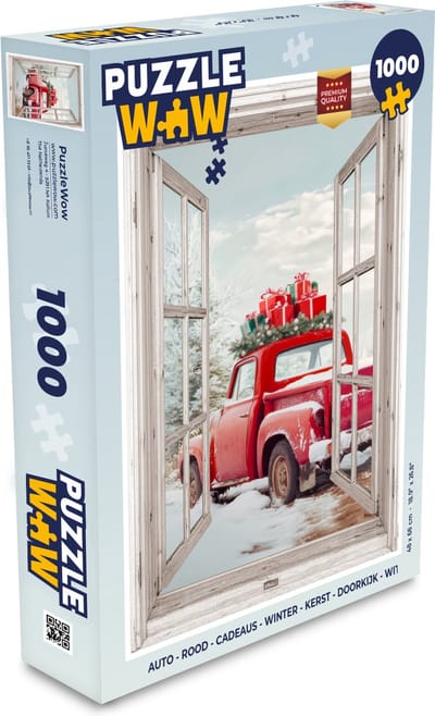 Puzzel Auto - Rood - Cadeaus - Winter - Kerst - Doorkijk - Wit - Legpuzzel - Puzzel 1000 stukjes volwassenen - Kerst - Cadeau - Kerstcadeau voor mannen, vrouwen en kinderen