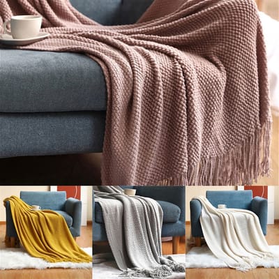 Kleur Gebreide Deken Acryl Chunky Throw Deken Bed Decoratieve kwastjes Bed Tail Handdoek en DAP Cover Sofa bedsprei Zachte deken (Color : Blue-B, Size : 127x152cm)