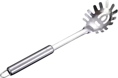 Allecto Plus - Noedellepel van roestvrij staal met ergonomische handgreep en ophanggat, 32 cm - professionele spaghettilepel - pastatroffel - vaatwasmachinebestendig - keukentang - kookgerei