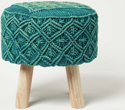 Homescapes Willow – ronde macramé kruk met houten poten – petrolgroen, 43 cm hoog