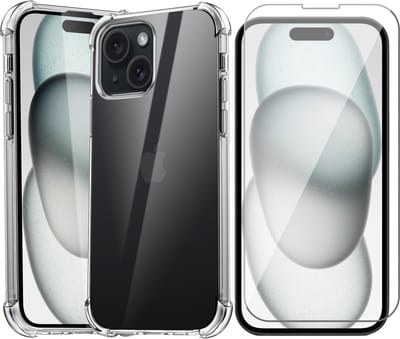 Hoesje geschikt voor iPhone 15 - Screen Protector GlassGuard - Back Cover Case ShockGuard Transparant & Screenprotector