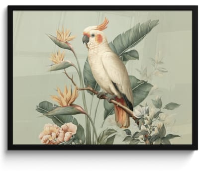 Poster in lijst - Fotolijst 80x60 cm - Posters - Gele kuifkaketoe - paradijsvogelbloemen - Groen - Posterlijst zwart - Decoratie - Wanddecoratie woonkamer - Muurdecoratie slaapkamer