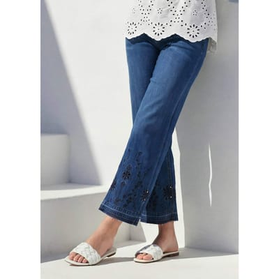 Jeans met Engels borduursel en franjeranden - donkerblauw - Gr. 44 van Goldner Fashion
