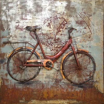 Schilderij - Metaalschilderij - Fietsen om de wereld, 100x100cm