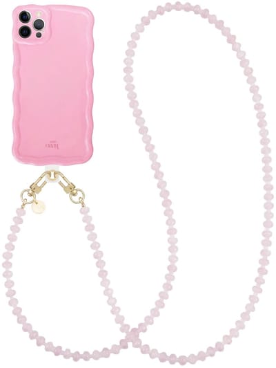 xoxo Wildhearts Glossy Wavy Case Bubble Blush - Dusty Pink (lang koord) - geschikt voor iPhone 12 Pro Max - hoesje met telefoonkoord - afneembaar koord - Kralenketting - lang telefoonkoord - hoesje met golven - Roze