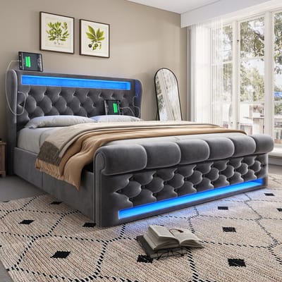 MODENUIT Gestoffeerd bed 140x200 cm – Met matras – Led-verlichting & Usb-C – Hydraulische opbergruimte – Fluweel – Grijs