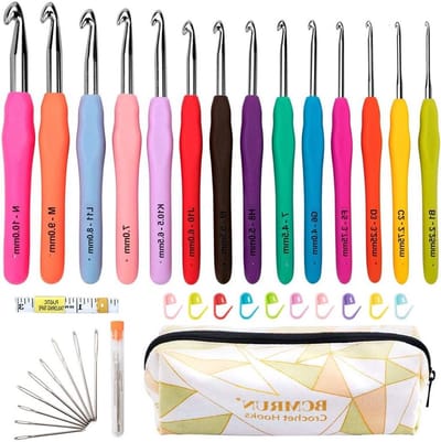 Kleurige ergonomische haaknaalden set van 14 stuks met comfortabele grip, inclusief draagtas en accessoires, ideaal voor haken en artritis, maten 2mm-10mm