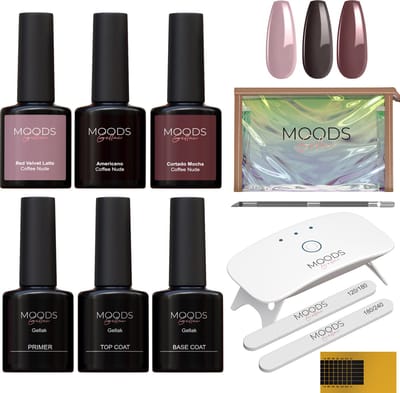 Moods Gellac BIAB Starter Pakket – Coffee Nude - Builder in a Bottle – BIAB Nagellak – Inclusief UV/LED Lamp, Bokkepoot, Nagelvijl, Primer, Base en Top Coat