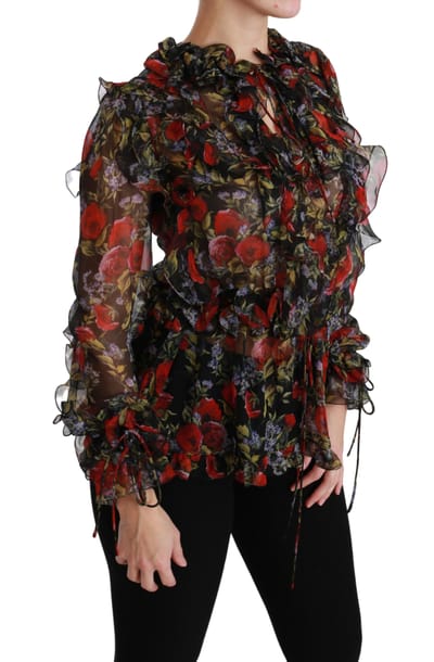 Dolce & Gabbana Zwarte Bloemen Rozen Blouse Zijde Top