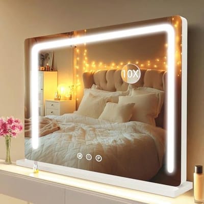 baklon Hollywood Make-upspiegel met ledverlichting, dimbaar, 3 modi, 80 x 60 cm, tafelspiegel met 10 x USB-vergroting, voor slaapkamer, kaptafel