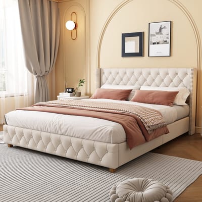 Gestoffeerd tweepersoonsbed met linnen bekleding - Slaapkamer en logeerkamer 140x190 cm - Beige - Knopstiksels en nietenversiering - Stevige houten poten - Inclusief houten lattenbodem