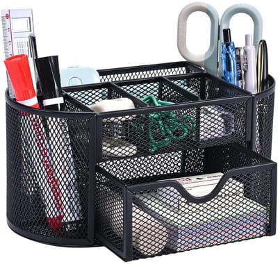 Dailygoods- Bureauorganizer Ruimtebesparend - Bureauorganizer met Lade - Metalen Bureauorganizer - Pennenhouder - Organiser voor Plaknotities - Hoogwaardig Gaas - Kantoororganizer