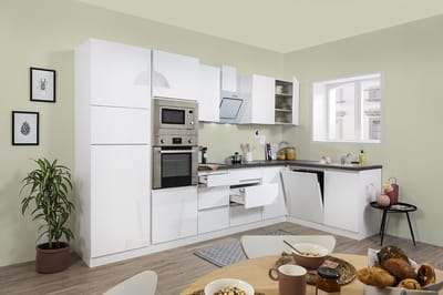 Hoekkeuken 345 cm - complete keuken met apparatuur Lorena - Wit/Wit - soft close - keramische kookplaat - vaatwasser - afzuigkap - oven - magnetron - spoelbak