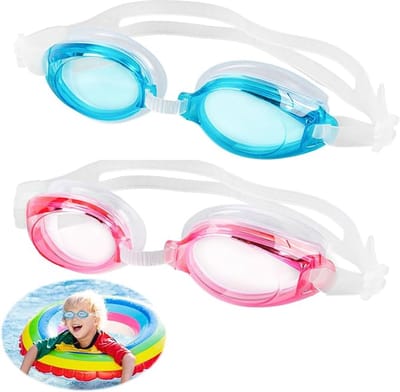 Set van 2 Kinder Zwembrillen in Blauw en Roze – Dubbele Siliconenband, Waterdicht Anti-Waas & UV-Beschermde Zwembril voor Zwemles, Zwembad en Strand