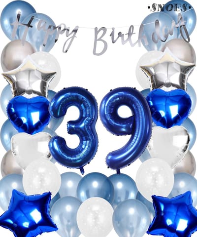 Snoes Ballonnen 39 Jaar Set Mega Blauw Zilver Ballon - Compleet Feestpakket Cijferballon 39 Jaar - Verjaardag Versiering Slinger Happy Birthday – Folieballon – Latex Ballonnen - Helium Ballonnen