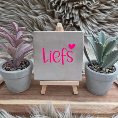 Robuust wenstegeltje “Liefs” – 10x10 cm – Liefdevolle Wanddecoratie & Cadeau – Liefde – cadeau vriendin – decoratieve tegel met tekst – woondecoratie quotes – romantisch cadeau – Decoratief Tegeltje met Standaard – Cadeau Idee