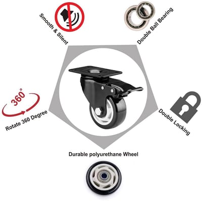 Set van 4 Zware Zwenkwielen 7.5 cm - Met Rem en Borging - Zwarte, Vloervriendelijke Rollen voor Karren en Meubels