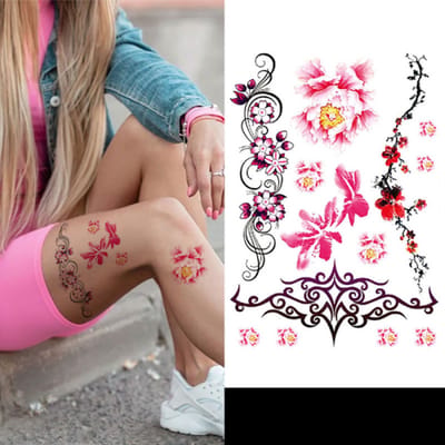 Temporary Tattoo Roze Tribal/Bloemen/Rozen/Japans (A5 formaat) [Neptattoo - Tijdelijke tatoeage - Nep Fake Tattoos - Water Overdraagbare Sticker Henna - Glitter Tattoo Set - Plak Tattoos - Nep Tatoeage - Festival Tattoes]