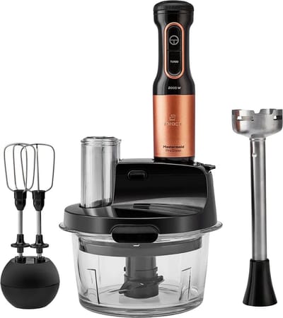 Karaca Mastermaid Prosteel - Keukenrobot 2500W – Glazen Hakmolen 1,5L – Staafmixer, Smoothiebeker, Garde, Rasp & Snijschijven – Zwart/Koper