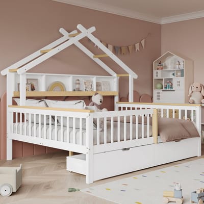 MODENUIT Kinderbed 140x200 cm – Zonder matras – Dakframe met veiligheidshek – 2 lades op wielen – Grenen en MDF – Wit/Naturel