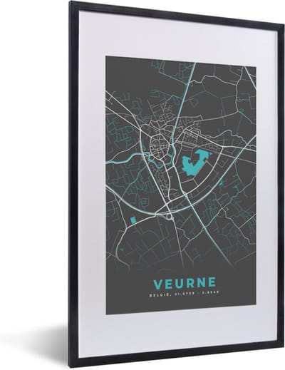 Fotolijst incl. Poster - België – Veurne – Stadskaart – Kaart – Blauw – Plattegrond - 40x60 cm - Posterlijst