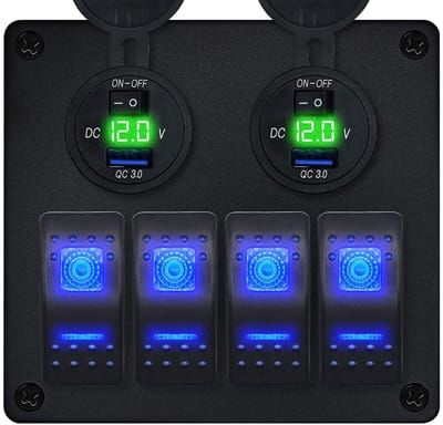 ProRide Schakelpaneel 12V voor Auto/Boot - USB Stopcontact met Schakelaar/Voltmeter - 5V/2.4A - 4 schakelaars - Groen