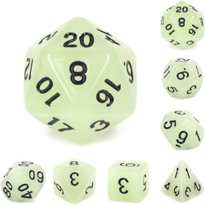 Polyset Dice | Dobbelstenen - Set Van 7 Stuks - Naturel Groen Glow in the Dark Zwart| Voor D&D en Andere Rollenspellen | Plastic Dobbelstenen Set voor Dungeons and Dragons | Polyhedral Dice Set | Met Mooie Zwarte Velvet Dice Bag voor Ongeveer 3 Sets