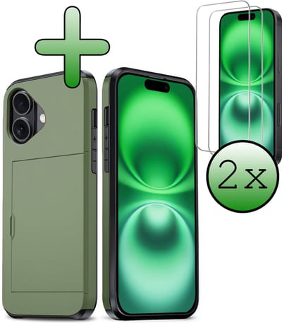 Hoes Geschikt voor iPhone 16 Hoesje Hard Case Met Pas Houder Met 2x Screenprotector - Hoesje Geschikt voor iPhone 16 Hoes Shockproof Hard Cover Met Kaarthouder - Donkergroen
