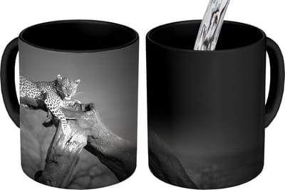 Magische Mok - Foto op Warmte Mokken - Koffiemok - Panter - Boom - Dieren - Zwart - Wit - Magic Mok - Beker - 350 ML - Theemok