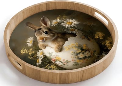 Dienblad rond 40x40 cm - Schootdienblad hout - Ei - Konijntje - Bloemen - Pasen - Borrelplank rechthoek - Plateau houten dienbladen
