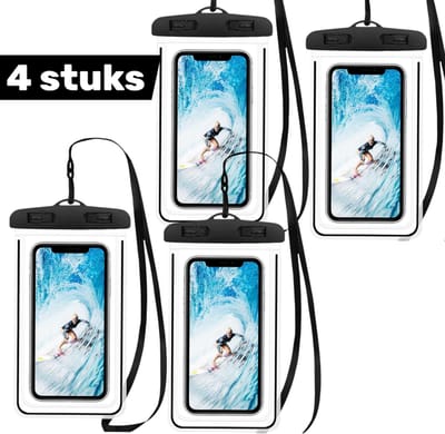 4 stuks - waterdichte PVC telefoonhoesjes – transparant en lichtgevend – met afsluitbaar touchscreenvenster – zwart – geschikt voor smartphones tot 6 inch – ideaal voor strand, zwemmen, snorkelen, varen en andere wateractiviteiten