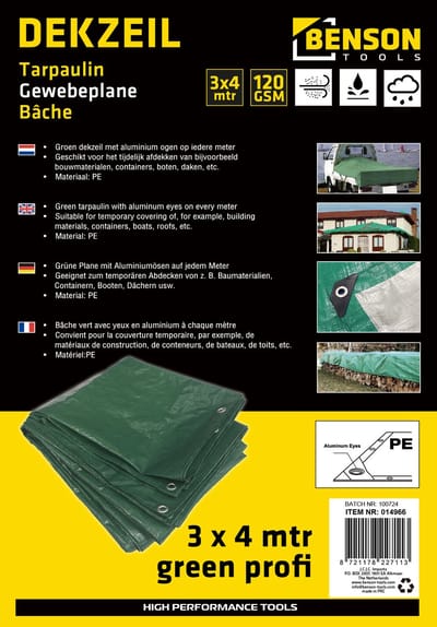 Benson Groen dekzeil 3x4 m - robuust mesh - PE 120GSM - versterkte hoeken