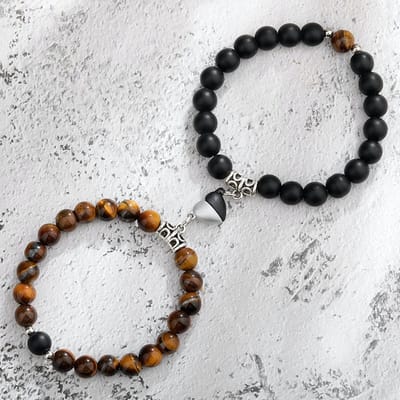 Magnetische Hartjes Kralen Armband Set voor Hem en Haar - Zwart / Bruin- Romantisch Liefdes Cadeau - Valentijnsdag - Valentijn Cadeautje voor Mannen