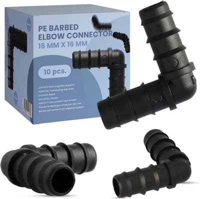10 x PE-connector, L-stuk, 16 x 16 cm, hoekboog, tuinirrigatie, druppelleiding, koppeling, waterslangverlenging, fitting voor druppelslang, parelslang, waterleiding, tuinwaterleiding
