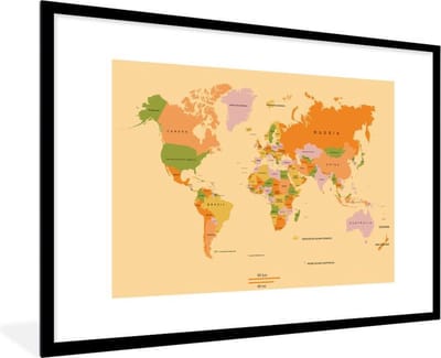 Poster in lijst - Fotolijst 90x60 cm - Posters - Wereldkaart - Kleurrijk - Trendy - Posterlijst zwart - Decoratie - Wanddecoratie woonkamer - Muurdecoratie slaapkamer