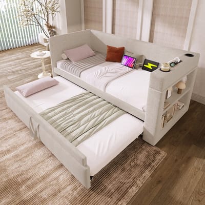 Wishdor Gestoffeerde Slaapbank met Uitschuifbed – 90 x 190 cm – Verwisselbare Armleuningen met Laadstation en Bekerhouders – Katoen-Linnen Beige – Inclusief 3x USB en Type-C – Flexibele Opstelling voor Filmavond of Logeerkamer