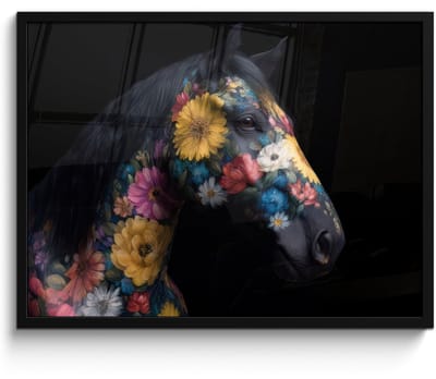 Poster in lijst - Fotolijst 80x60 cm - Posters - Paard - Bloemen - Zwart - Posterlijst zwart - Decoratie - Wanddecoratie woonkamer - Muurdecoratie slaapkamer