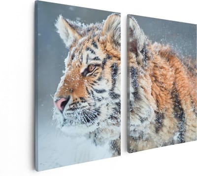 Artaza Canvas Schilderij Tweeluik Tijger Tijdens De Sneeuw - 80x60 - Foto Op Canvas - Canvas Print