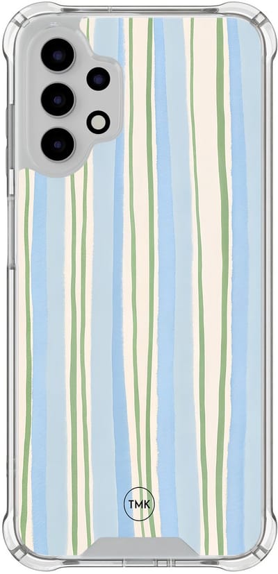 Shockproof hoesje geschikt voor Samsung Galaxy A13 4G - Pastelblauwe strepen - Schokbestendig - Verhoogde randen - TPU case - Extra Sterke Back Cover - Gestreept - Transparant, Blauw
