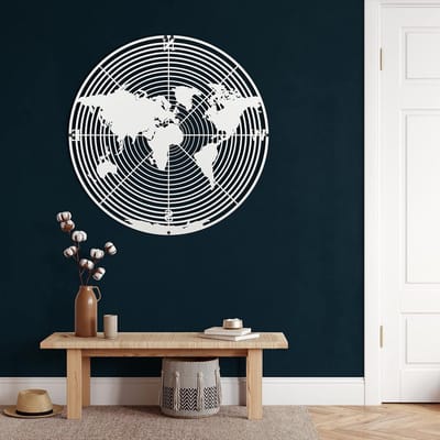 Metalen Wereldkaart - Wanddecoratie Cirkel - Woonkamer Decoreren - Zwevend 3D Effect - 90x90 cm - Wit